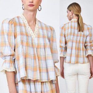 NEW Hunter Bell Pintuck 3/4 Sleeve Deep V-Neck Eyelet Trim Mia Plaid Top